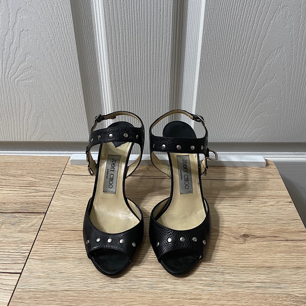 Jimmy Choo Black Leather Strap Studded Heels SZ:37
